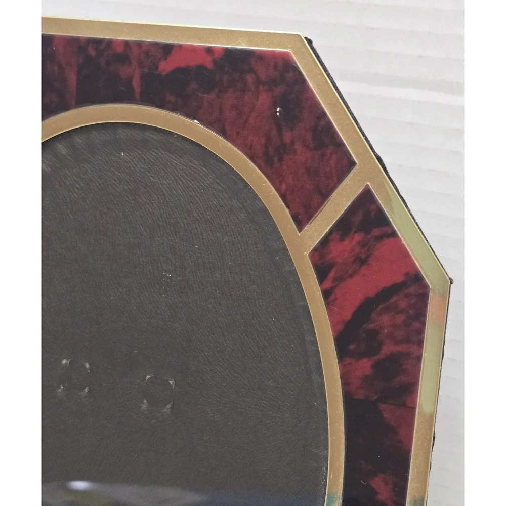 MCM Vintage Brass & Red Faux Tortoise Octagon Tabletop Frame Oval Glass Window